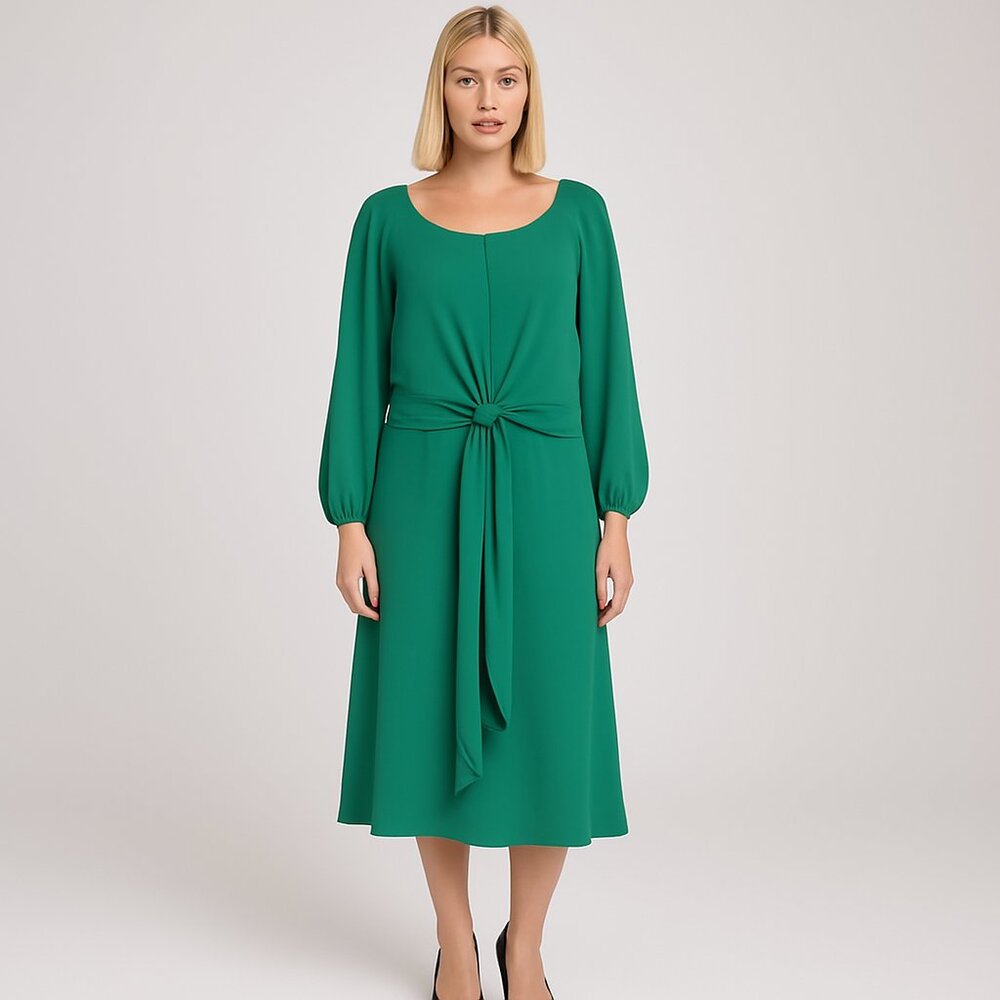 Maeve Anthropologie Green Tie Front Midi Dress Long Puff Sleeve Size 12 Flowy